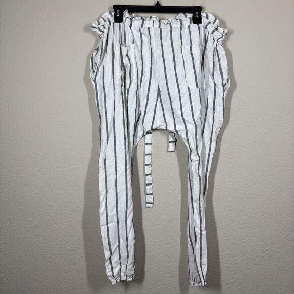Lido World M/L Drawstring Stripe Paperbag Pants White Linen Straight Tie Waist - Picture 3 of 9